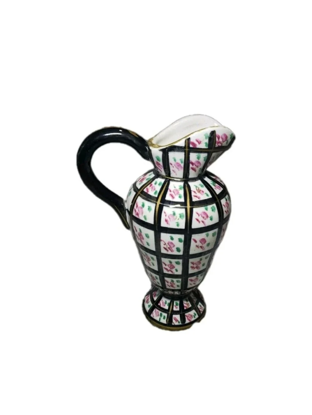 Vtg Handpainted Black Gold Floral Checkered Pitcher Vase